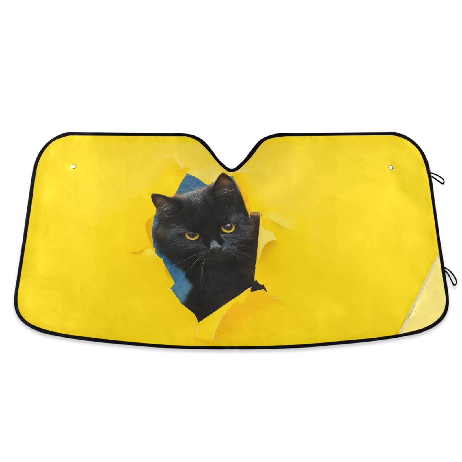 Black Cat Car Sun Shade Windshield Protector - Foldable UV & Heat Blocking Visor (55×28 Inch) for Summer Parking & Pet Safety | Cute Peeping Cat Design for Auto Sun Protection