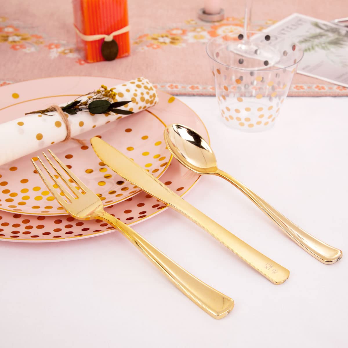 210-Piece Pink and Gold Plastic Party Tableware Set - 30 Dinner Plates, 30 Dessert Plates, 30 Forks, 30 Knives, 30 Spoons, 30 Cups & 30 Napkins - Disposable Plates for Graduation, Birthday & Wedding Parties - Elegant Table Setting for 30 Guests
