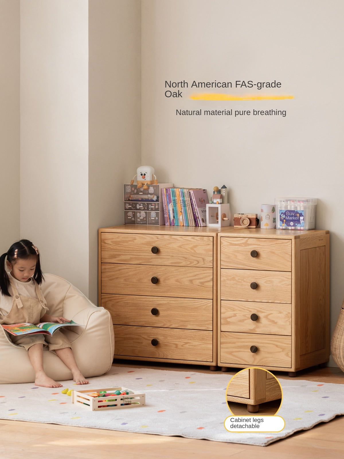 Oak Solid Wood Kids Dresser with 3 Drawers - Natural Wood Chest of Drawers for Nursery & Bedroom - Sturdy Storage Cabinet for Clothes, Toys & Baby Essentials