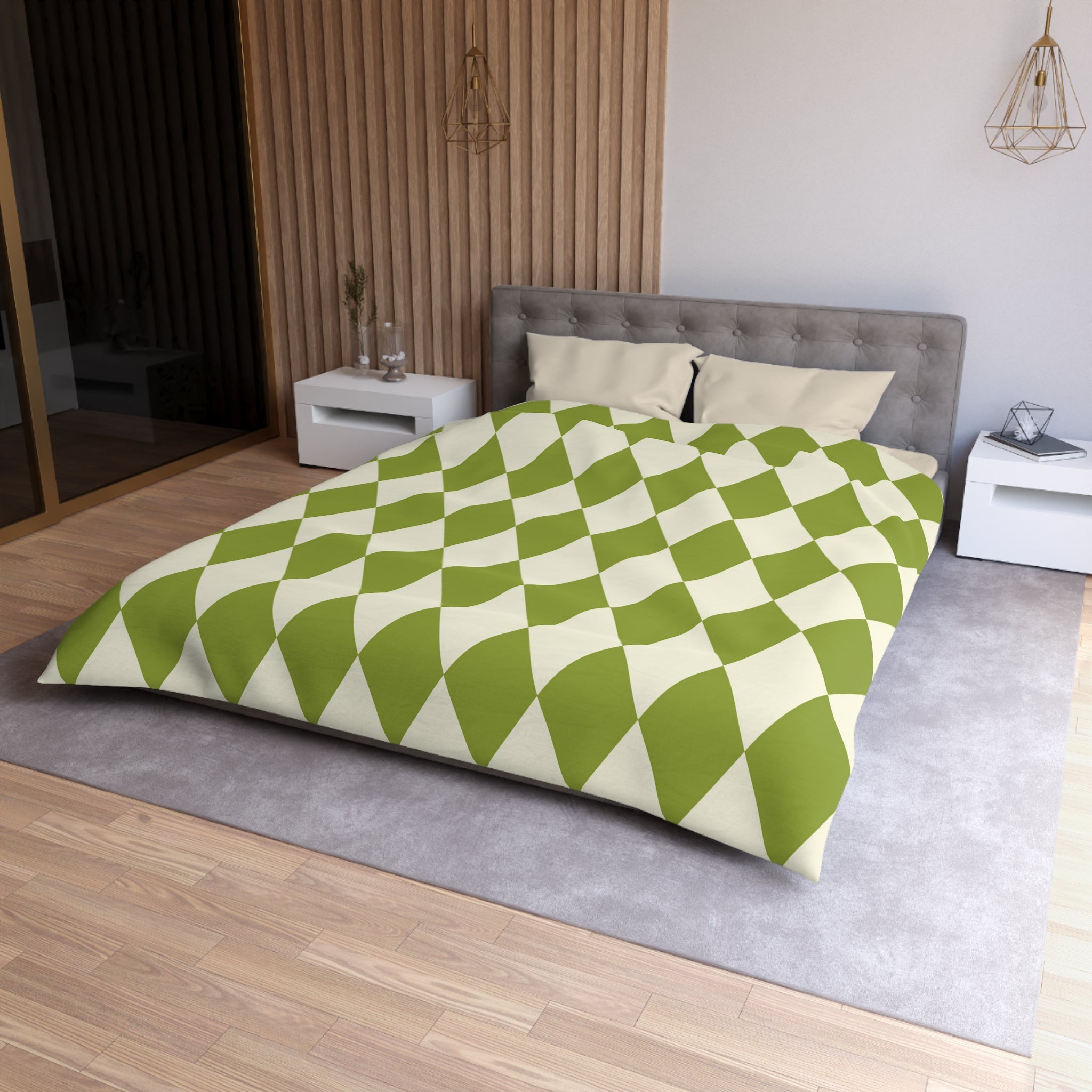 Harlequin Microfiber Duvet Cover Set - Green & Off White Diamond Pattern Bedding - Soft Queen/King Size Duvet Cover for Cozy Bedroom Decor