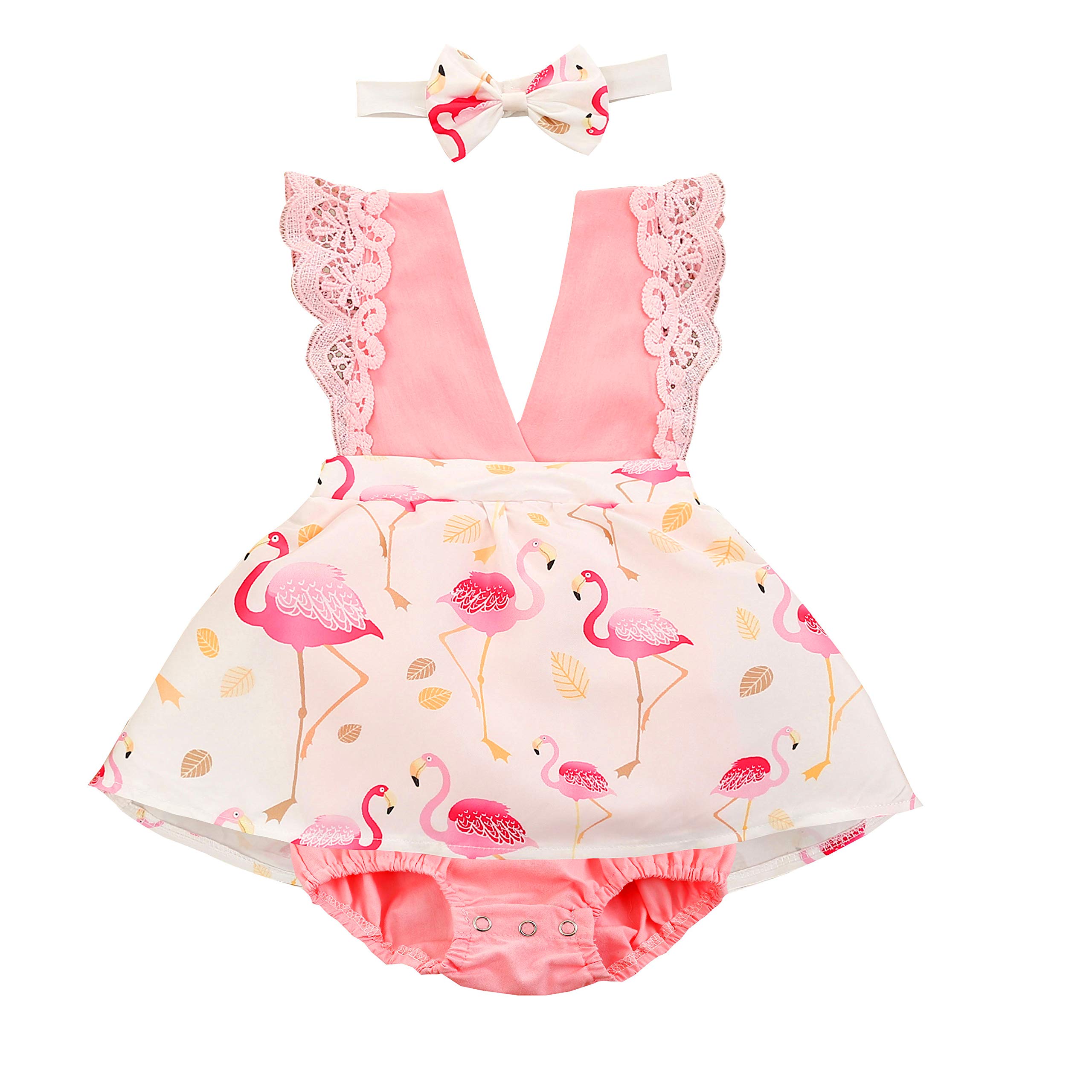 Adorable Newborn Baby Girls Flamingo Print Sleeveless Romper & Headband Set - Backless Bodysuit Jumpsuit for Summer Outfits - Perfect for Beach Photos, Birthday Parties & Family Gatherings
