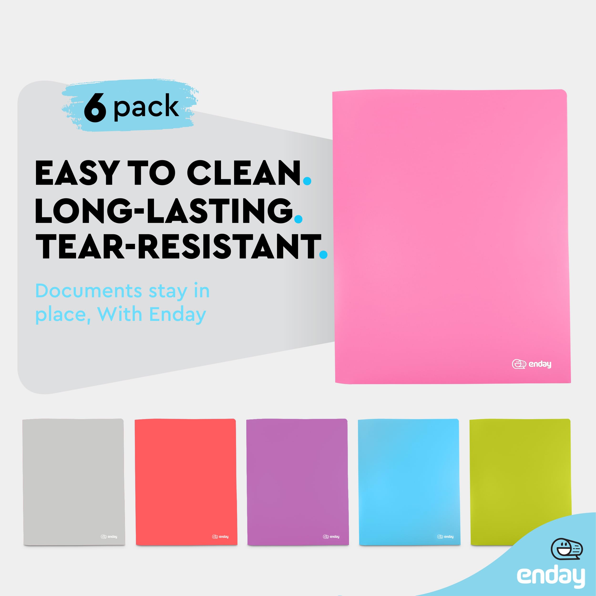 Enday 2-Pocket Plastic File Folders - Letter Size, Heavy Duty Poly Portfolio for School & Office (Pink, Purple, Green, Red, Blue, Grey) - Perfect for Organizing Documents, Homework & Office Papers