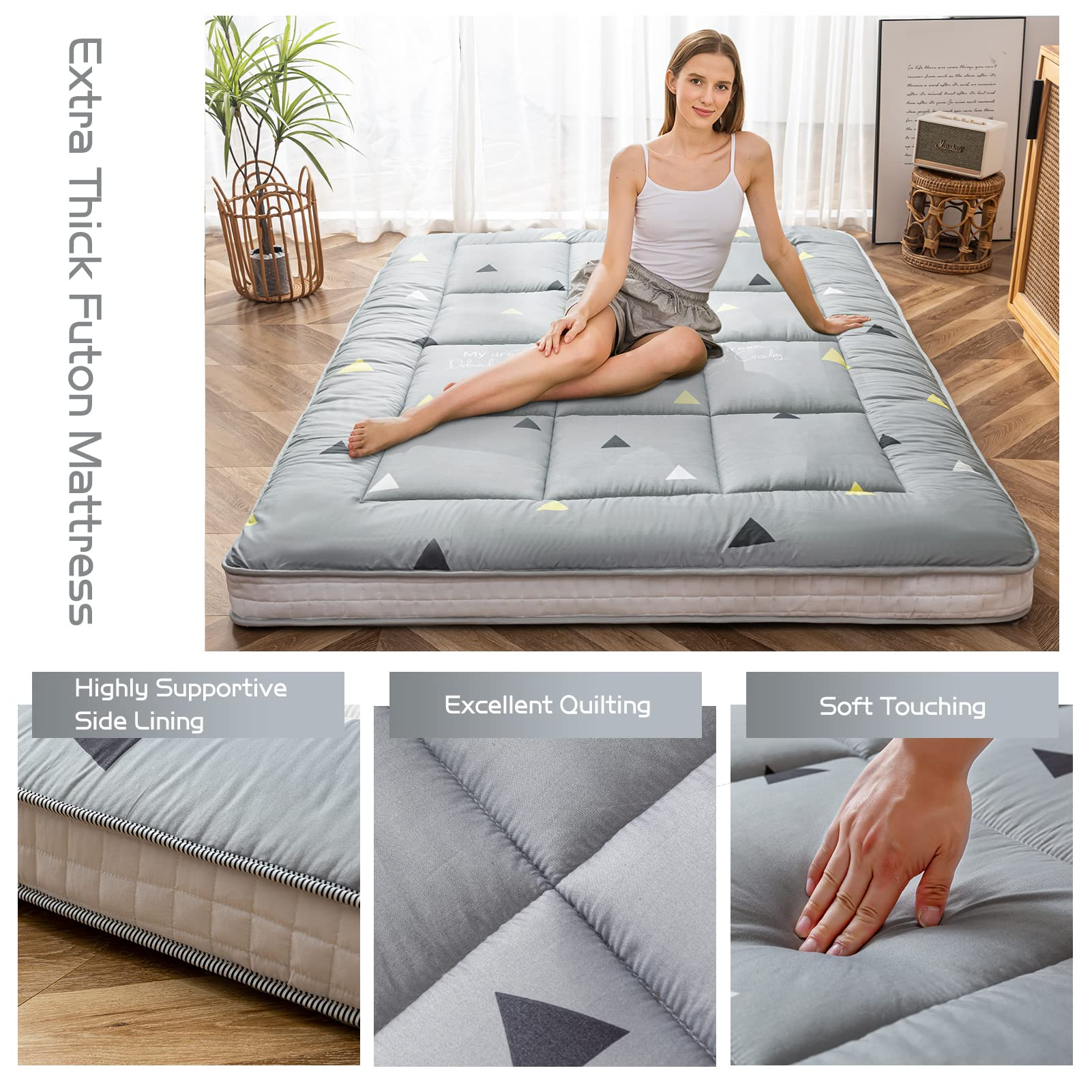 MAXYOYO Japanese Futon Mattress - Thick Padded Floor Mattress for Camping, Guest Bed & Couch | Portable Tatami Style Sleeping Mat for Indoor/Outdoor Use