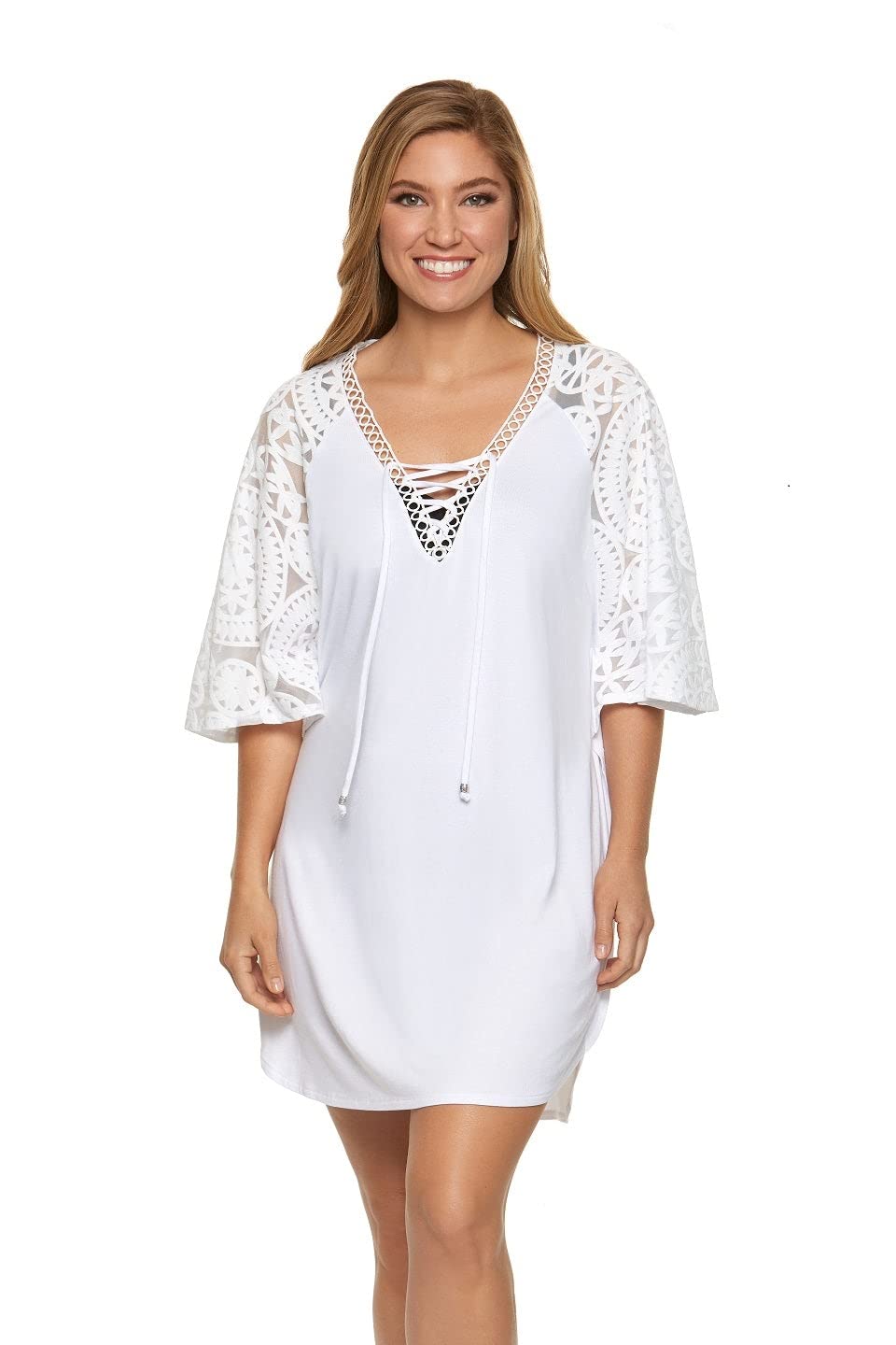Dotti White Lace Up Burnout Caftan Dress - Women's Boho Beach Cover Up Medium Size - Perfect for Pool Parties, Vacations & Summer Outfits