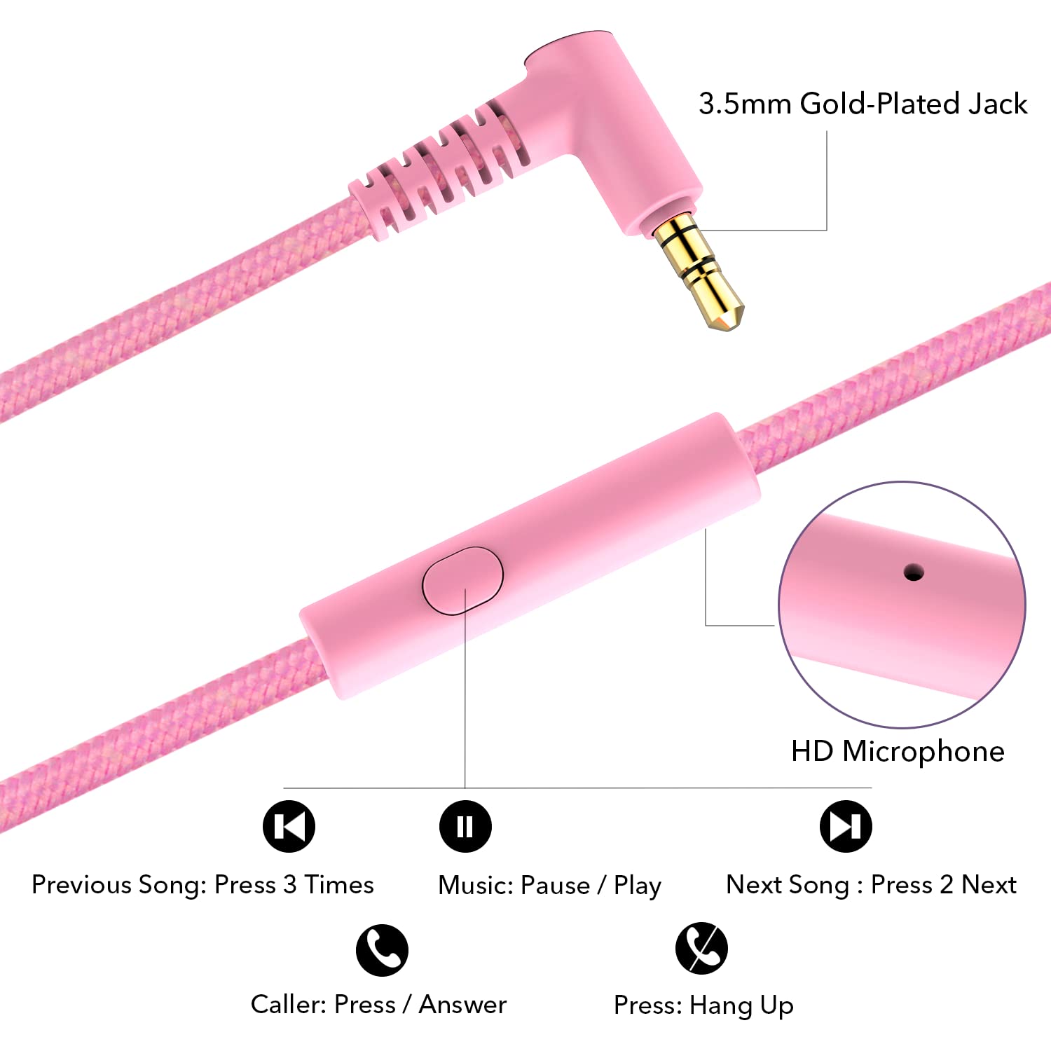 RORSOU K9 Kids Headphones with Microphone - Foldable Stereo Bass Headphones for Children Teens & Adults - 1.5M Tangle-Free Cord - Wired Headset for Smartphones Tablets Computers MP3/4 - Perfect for School Travel & Online Learning (Pink)