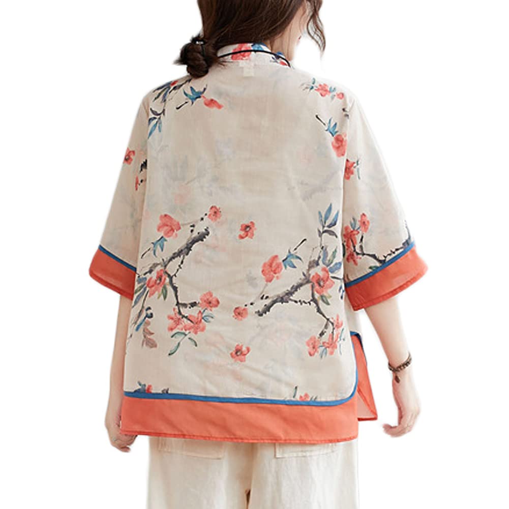 LUZU JUNU Women's Summer Linen Shirt - Elegant Retro Chinese Frog Button Floral Tunic Blouse | Breathable Casual Top for Beach, Vacation & Everyday Wear