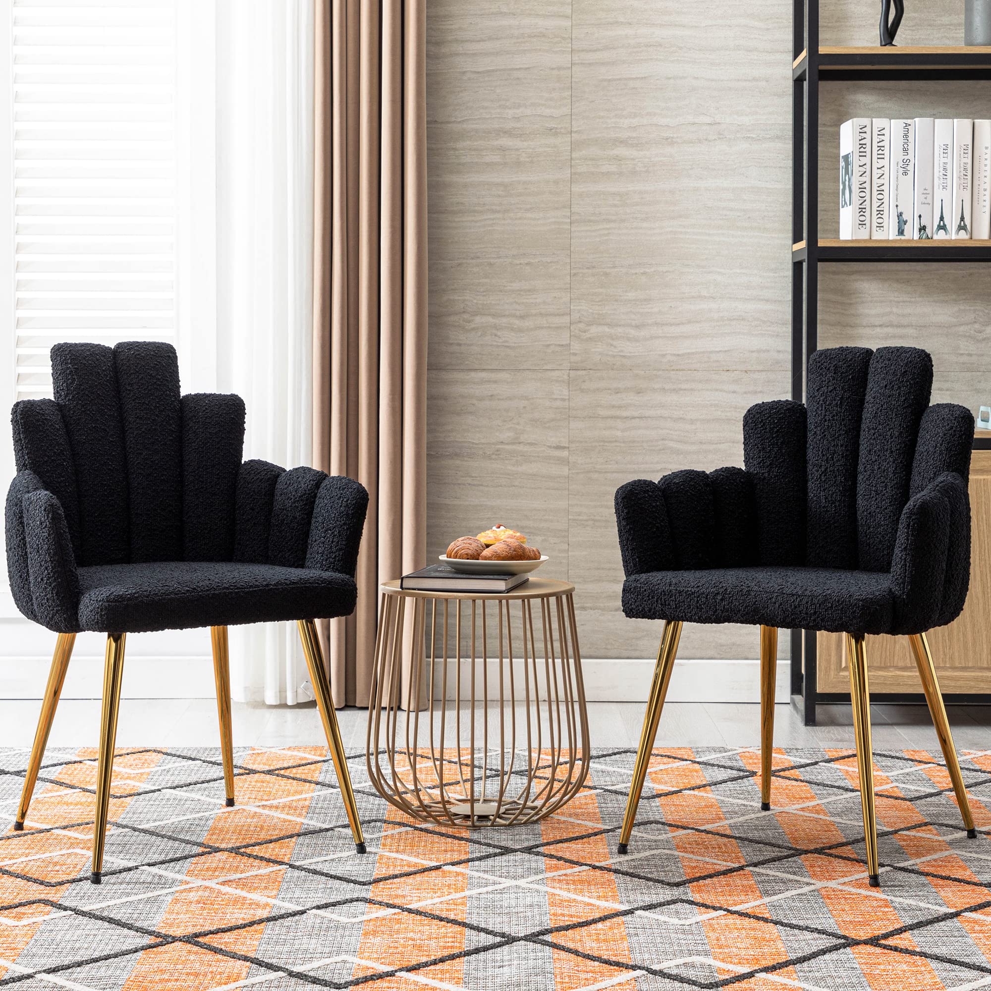 Modern Black Upholstered Dining Chairs Set of 2 - Finger Shape Accent Chairs with Gold Metal Legs & Faux Sherpa Fabric - Perfect for Dining Room, Living Room, Makeup Vanity and Home Office Seating