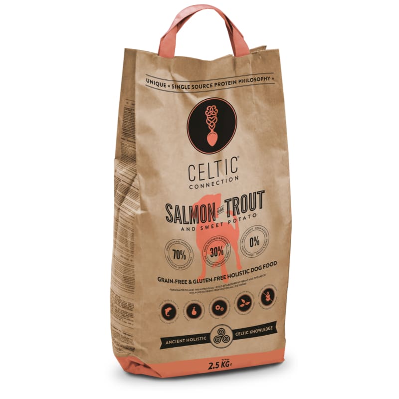 Celtic Connection Salmon With Trout & Sweet Potato Dry Dog Food - Grain Free, High Protein for Adult Dogs - 5lb & 15lb Bags - Perfect for Active Dogs & Outdoor Adventures