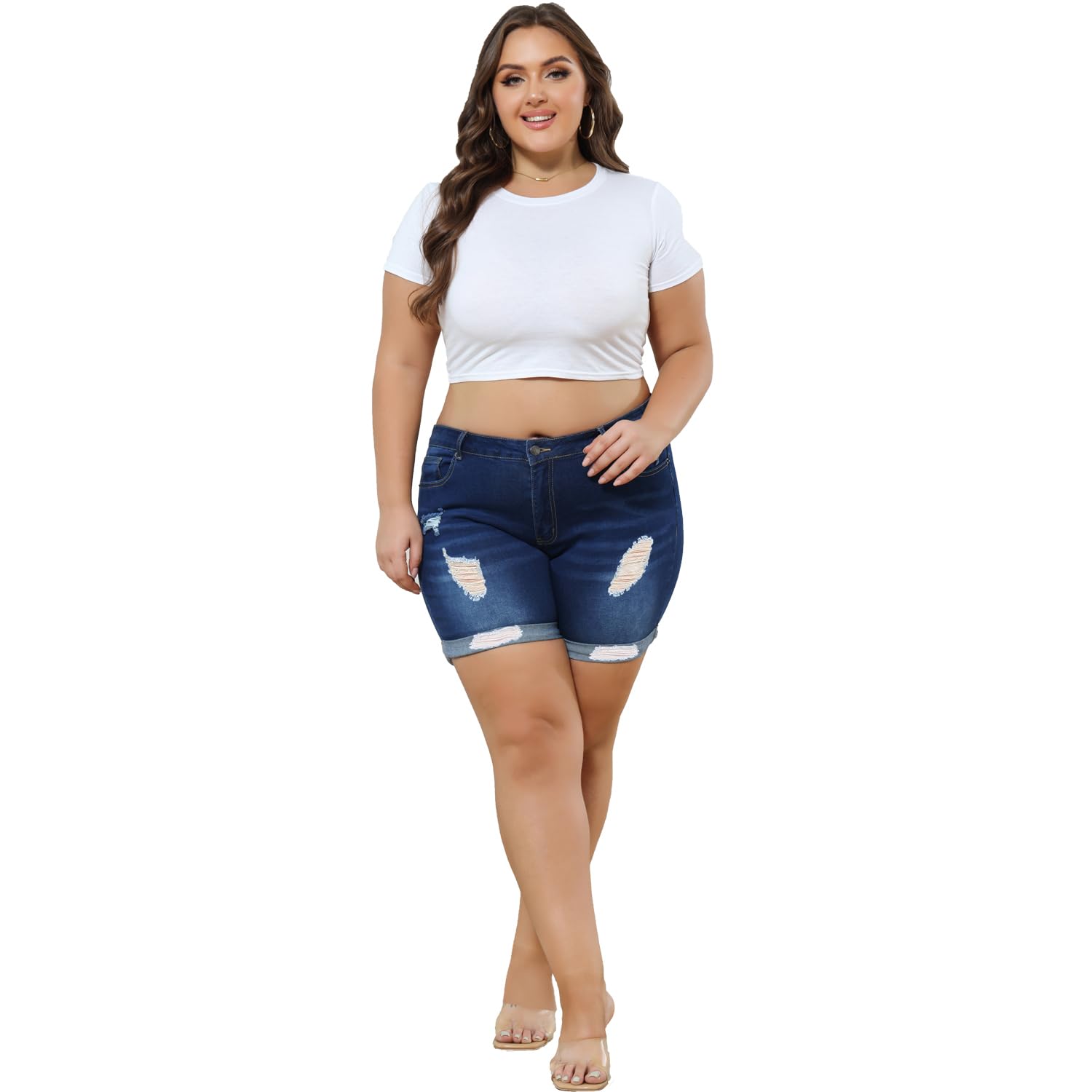 Plus Size Women's Ripped Denim Jean Shorts - High Waisted Stretchy Folded Hem Denim Shorts for Summer | Casual Outfit, Beach Wear, Street Style Fashion