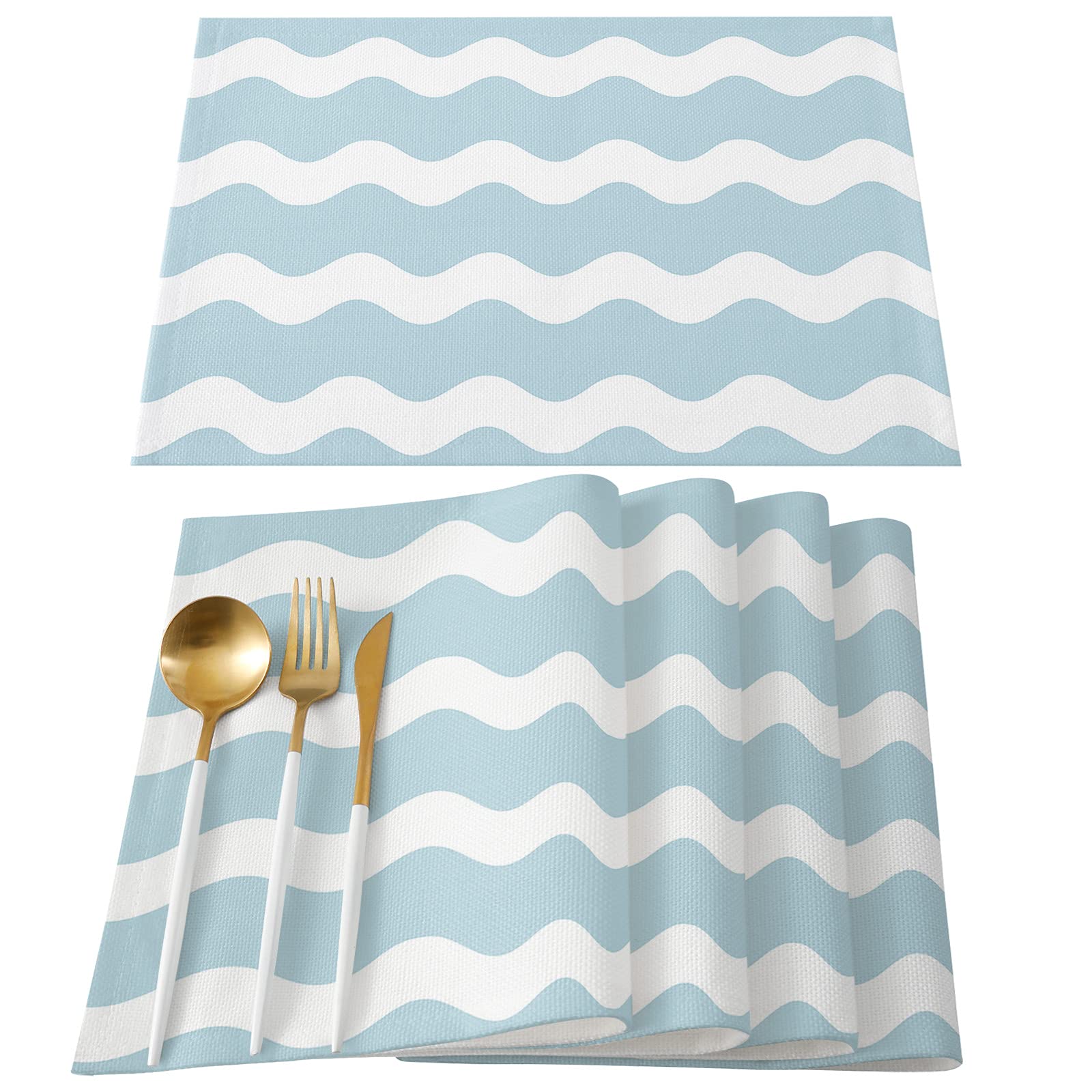 LBCASA Waterproof Placemats Set of 4 - Blue & White Wave Design Wipeable Table Mats for Dining & Kitchen | Minimalist Striped Decor for Everyday Meals & Dinner Parties