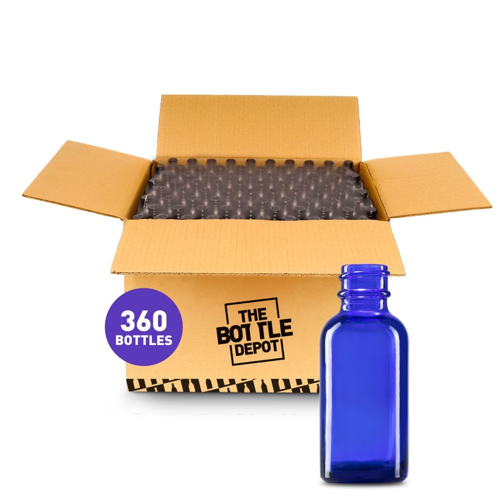 1 oz Blue Glass Boston Round Bottles - 360 Pack - 20-400 Neck Finish (Closures Not Included) - Wholesale Bulk for Essential Oils, DIY Crafts, and Home Brewing