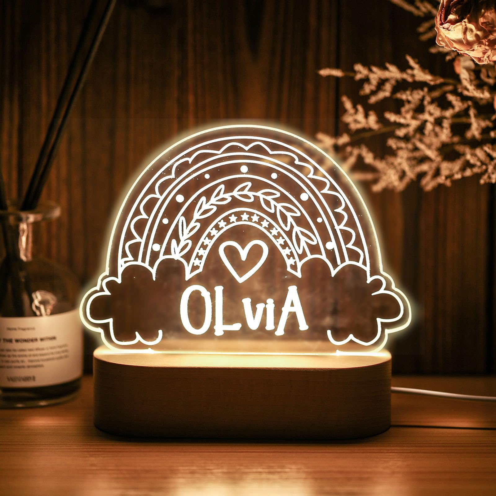 Personalized Baby Name Night Light - Unicorn Rainbow Cloud Star Bear Nursery Lamp for Kids, Girls & Boys - Acrylic LED Decor for Bedroom, Baby Shower Gift & Nursery Room Lighting (Rainbow 2)