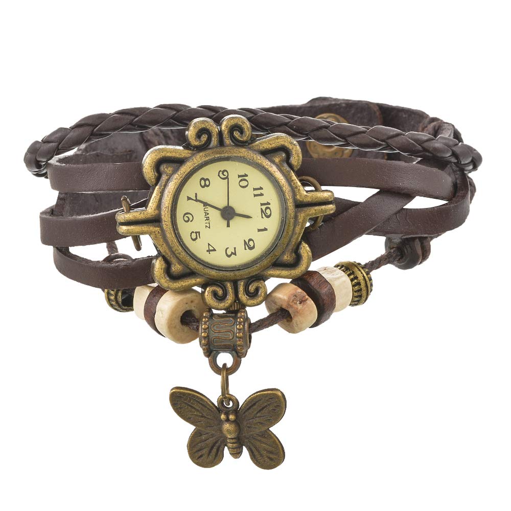 Souarts Women's Fashion Quartz Watch with Braided Leather Strap & Butterfly Charm - Elegant Wristwatch for Casual, Office, and Party Wear