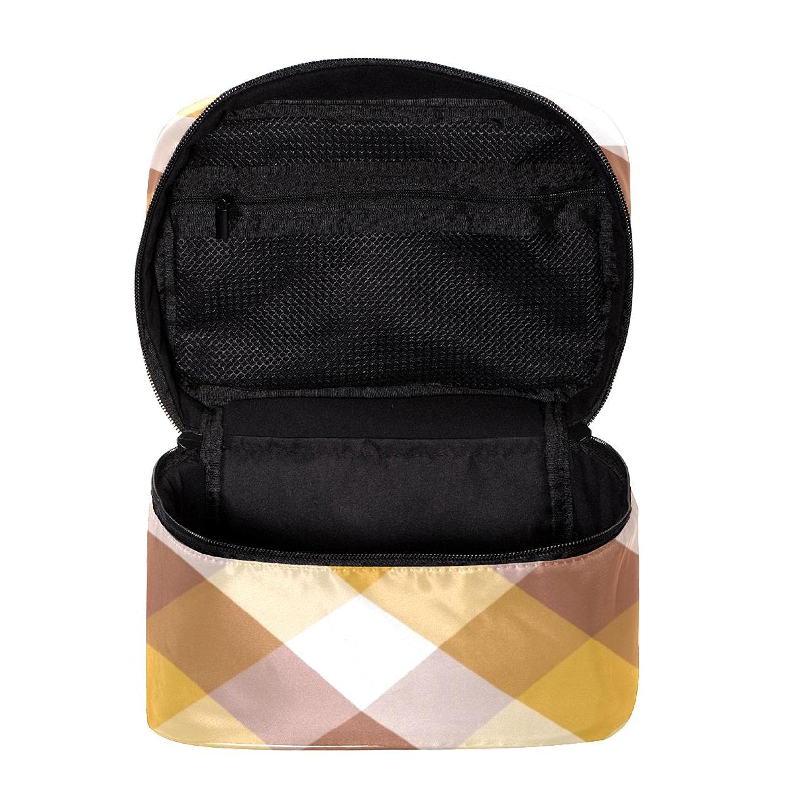 Brown Yellow White Check Pattern Large Travel Makeup Bag - Waterproof Cosmetic Organizer with Zipper for Women & Girls | Perfect for Travel, Gym, Beach & Daily Use