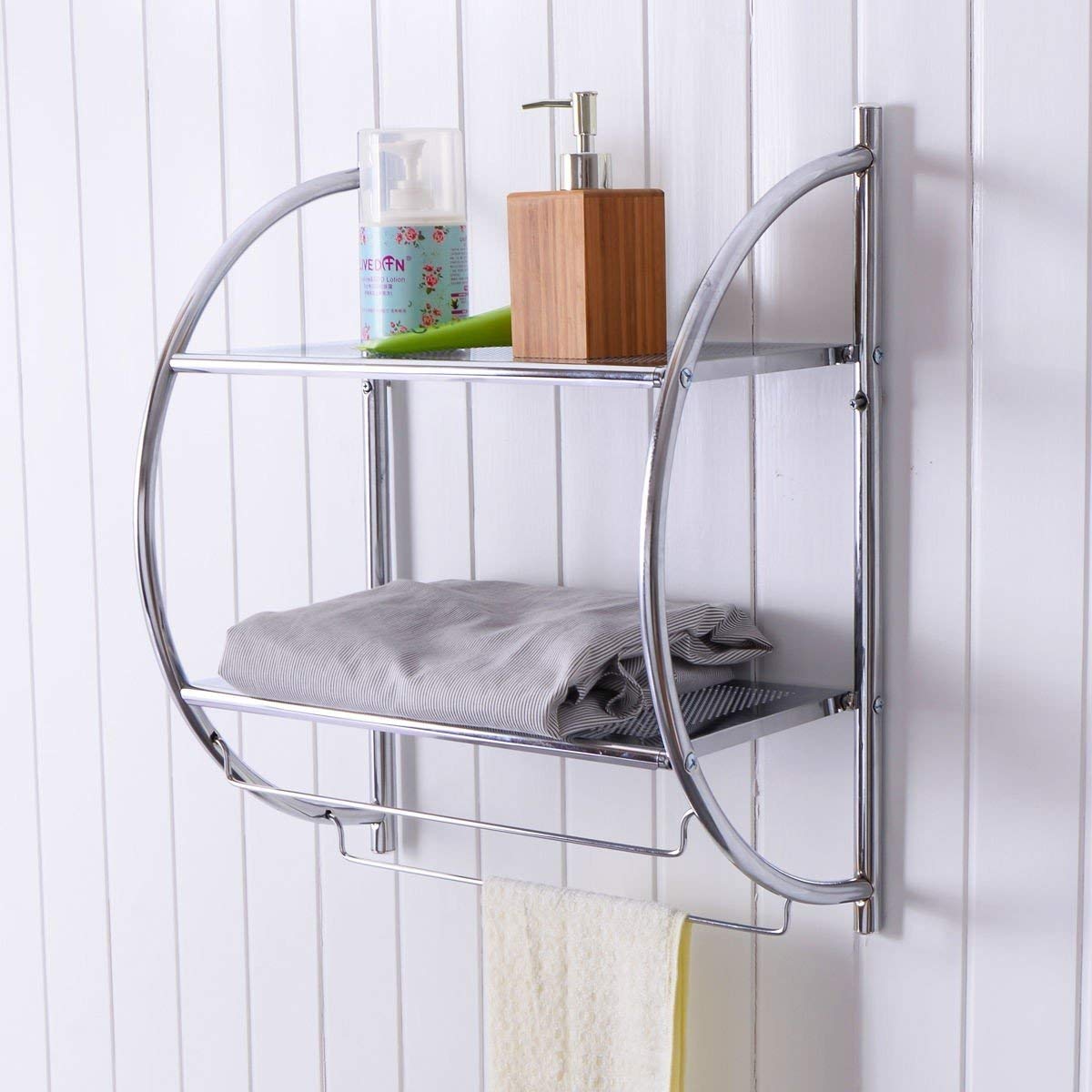 Waterjoy 2-Tier Wall Mounted Chrome Bathroom Shelf with Towel Bar - Rustproof Shower Organizer & Toilet Storage Rack - Perfect for Small Bathrooms, Apartments & Spa-Style Showers