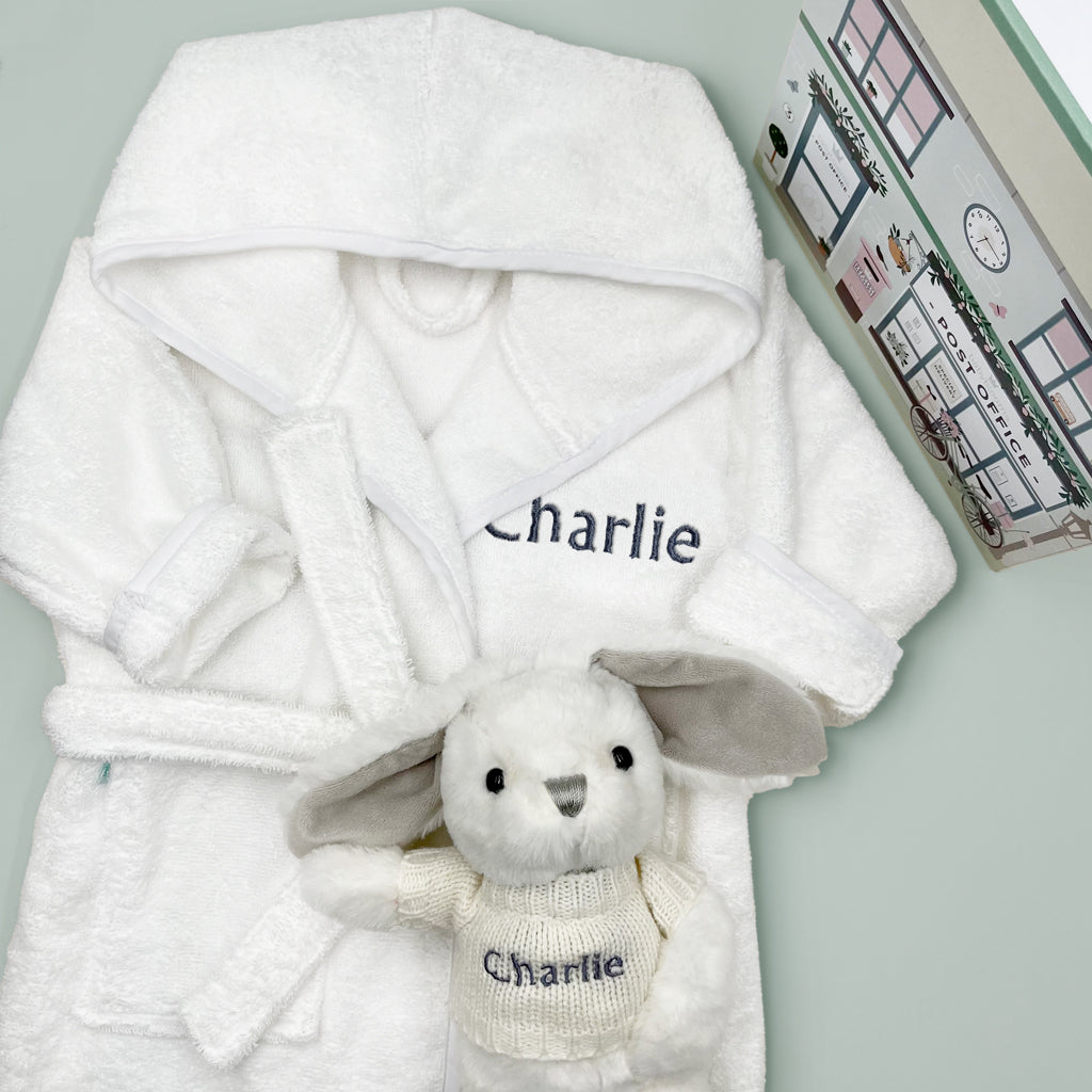 Personalized Little Bunny Bathrobe and Hamper Set for Toddlers 1-2 Years - Soft Grey with White Trim | Perfect for Baby Showers, Birthday Gifts & Nursery Decor