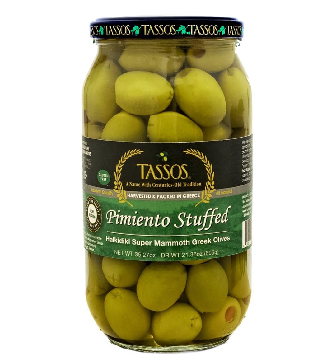 Tassos Pimiento Stuffed Mammoth Olives 35.27 Oz (1kg) - Premium Spanish Olives for Charcuterie Boards, Salads & Gourmet Appetizers