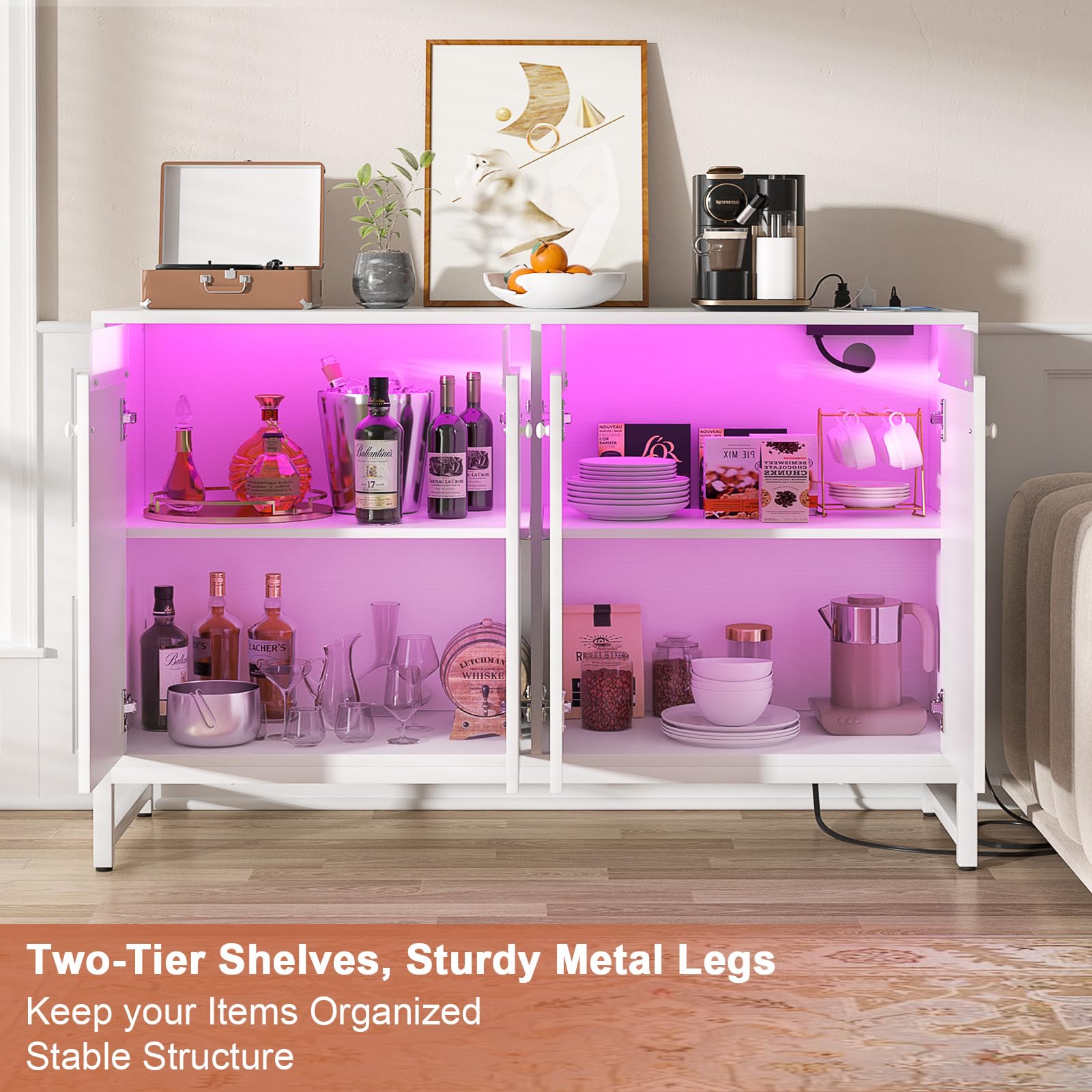 Aheaplus Modern Sideboard Buffet Cabinet with Built-in Power Outlet & LED Lighting - Kitchen Storage Cabinet with Doors - Accent Cupboard Buffet Table for Dining Room, Living Room, Hallway - Perfect for Home Decor & Entertaining - White