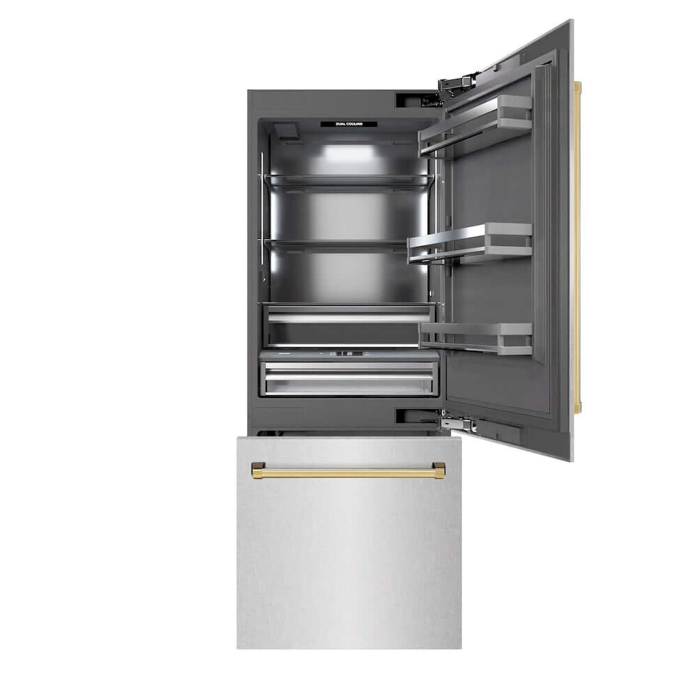 ZLINE Autograph Edition 30 Inch Built-In Bottom Freezer Refrigerator - 16.1 cu ft Capacity, Water Dispenser & Ice Maker - Satin Stainless Steel with Graphite Gray Interior & Polished Gold Accents (GRBIVZ SN 30 G) - Perfect for Modern Kitchens, Open Concept Homes & Luxury Appliances Collection