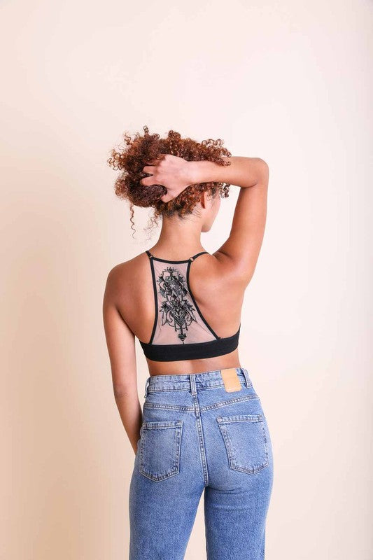 Breathable Tattoo Mesh Racerback Bralette - Seamless Comfort for Yoga, Workouts & Everyday Wear