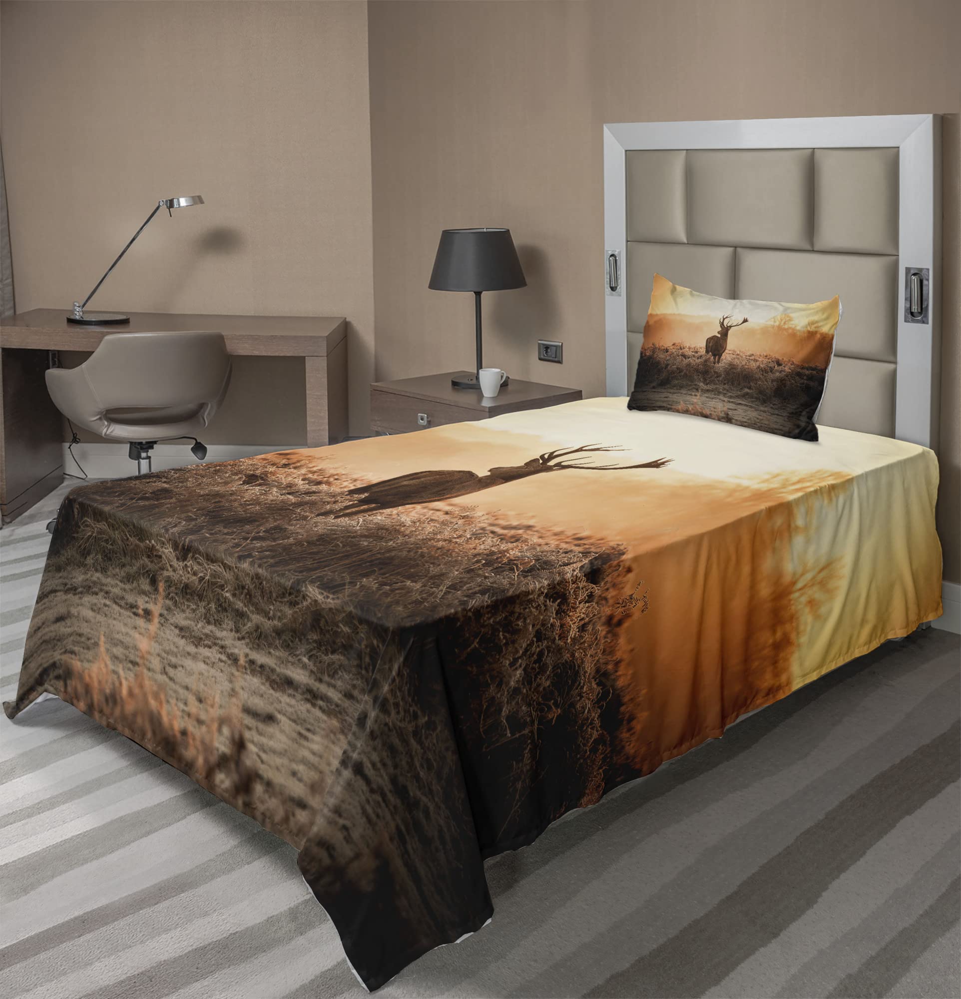 Ambesonne Hunting Themed 3-Piece Sheet Set - Red Deer in Morning Sun Wilderness Nature Scenery, Twin XL, Brown & Orange (Fitted Sheet, Flat Sheet, Pillowcase) | Perfect for Hunting Cabins, Lodge Bedrooms & Outdoor Enthusiasts