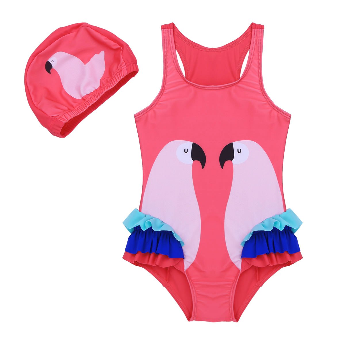 dPois Girls' One-Piece Animal Print Ruffled Swimsuit with Matching Swim Cap - Cute Bathing Suit for Kids Beach, Pool & Summer Water Play