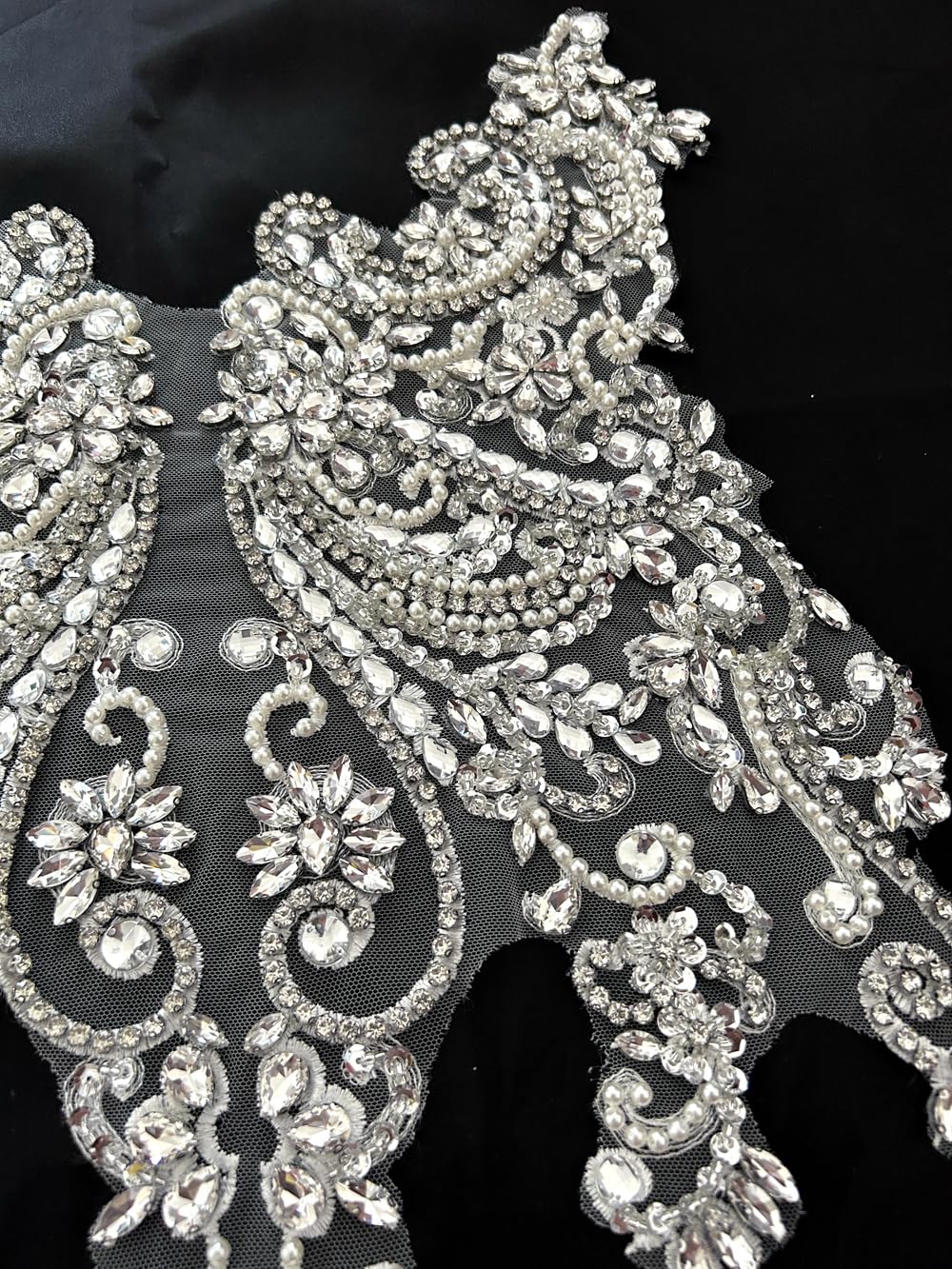 Handmade Rhinestone Lace Appliques with Glass Beads - Sew-on Bodice Trim Patches for Dresses & Clothing (White) | Perfect for Wedding Gowns, Costumes & DIY Fashion Projects