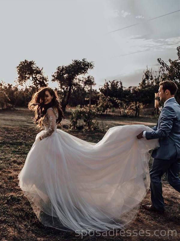 Sheer Long Sleeve A-Line Wedding Dress - Elegant Lace Bridal Gown for Church Ceremony & Beach Weddings (Style WD536)