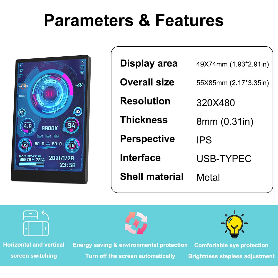 WOWNOVA PC Temperature Monitor - IPS USB Mini Screen for CPU RAM HDD Data Display | Computer Sensor Panel with ARGB Case Compatibility | Perfect for Gaming Rigs, Workstations & PC Build Monitoring
