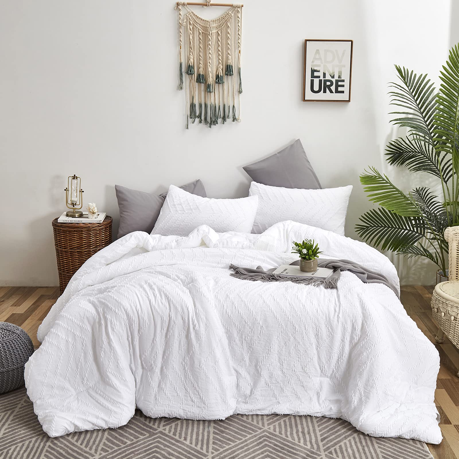 King Size Cottonight White Jacquard Comforter Set - Boho Chevron Tufted Bedding with Shabby Embroidery | Ultra-Soft Hotel Quality Quilt & 2 Pillowcases | Perfect for Master Bedroom, Guest Room & Cozy Boho Chic Decor