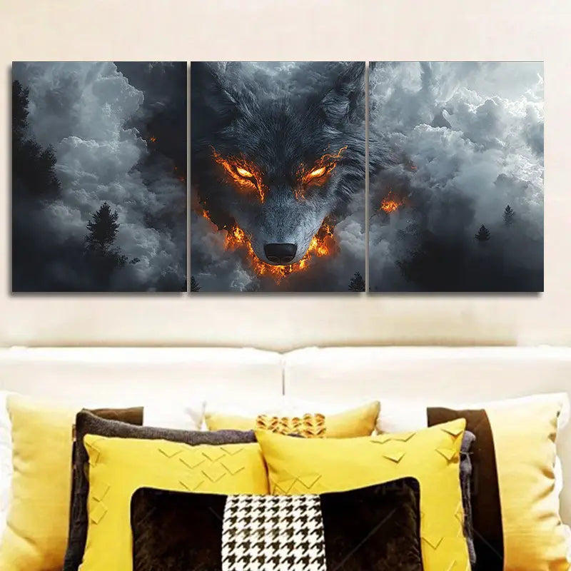 3PCS White Wolf with Fiery Eyes Metal Wall Art - Ready to Hang, Modern Home Decor for Living Room, Bedroom & Office