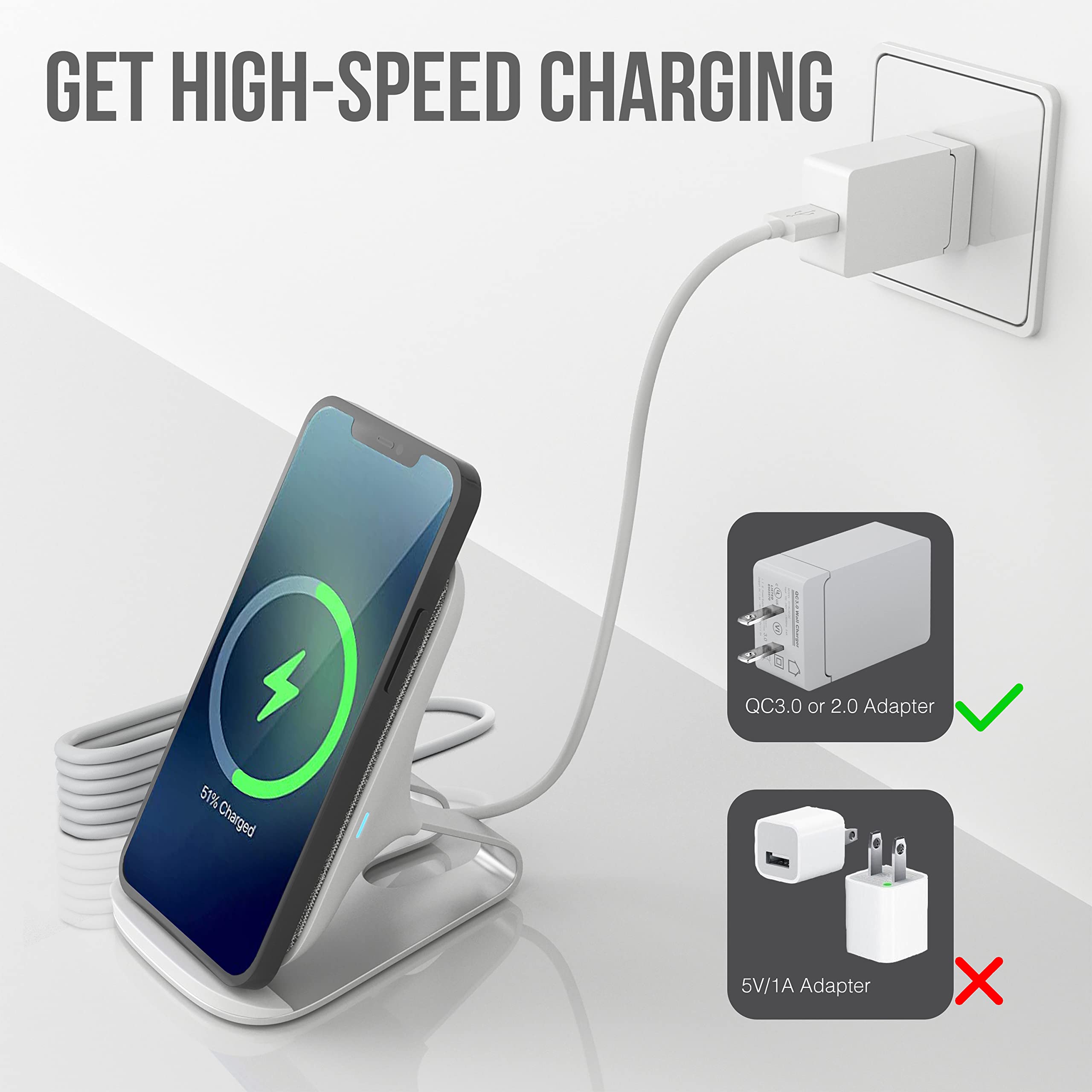 SPIOCEAN Fast Wireless Charger Stand - Qi-Certified 10W Max Charging Pad for iPhone 16/15/14/13/12/11 Series, Samsung Galaxy S22/S21/S20/S10/S9/Note 20 - Includes QC3 Adapter - Perfect for Home, Office & Nightstand Charging