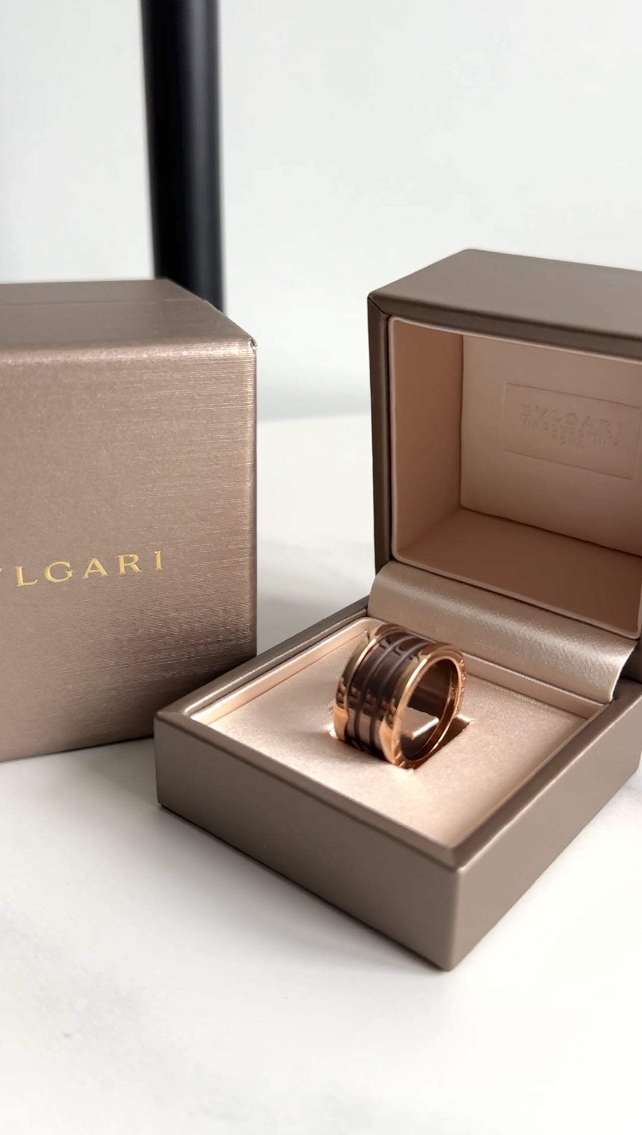 Bvlgari 18k Rose Gold Roma B.Zero1 Ring with Bronze Ceramic 4 Bands - Size 56 / 7.5 - Luxury Jewelry for Women, Perfect for Weddings, Anniversaries & Special Occasions