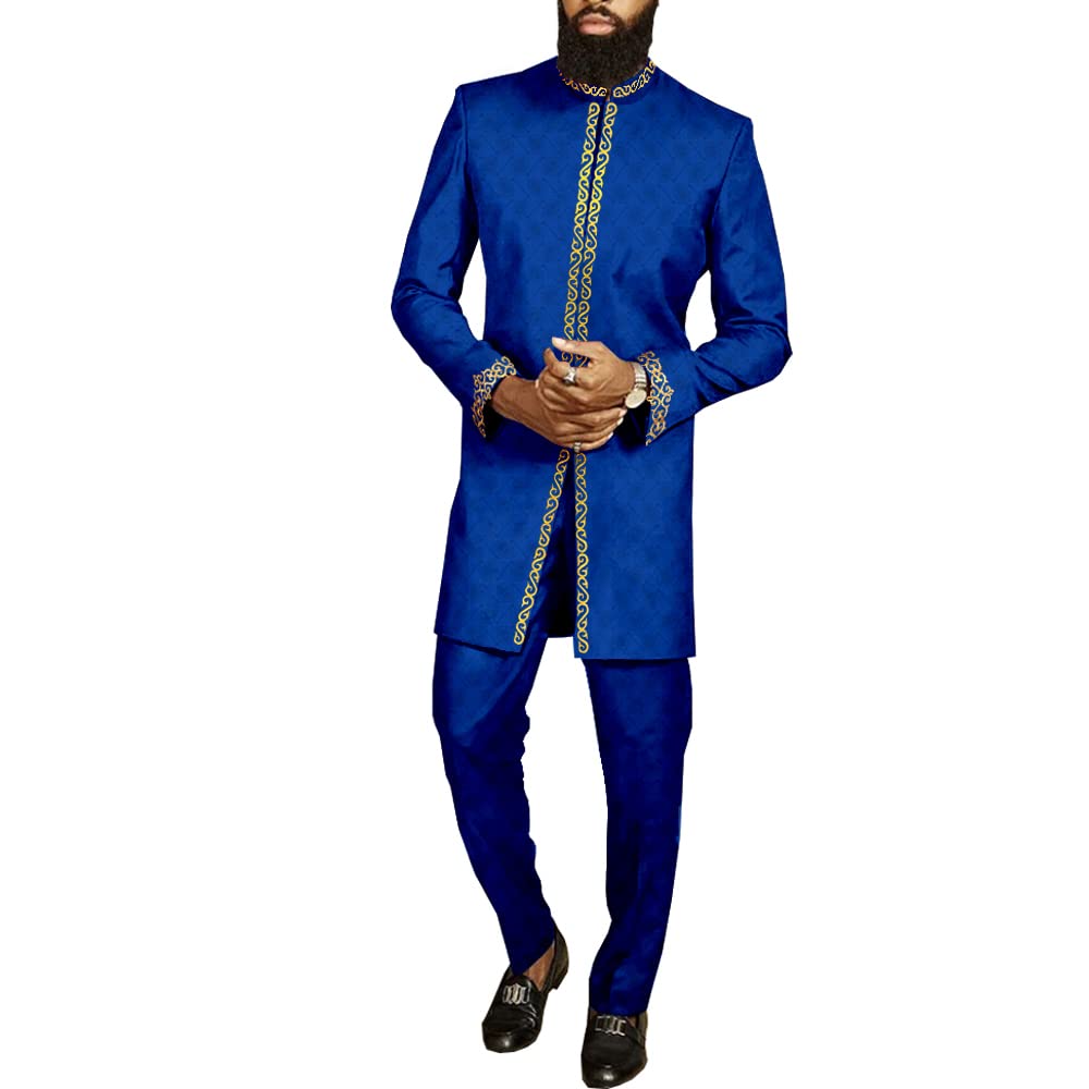 African Men's Dashiki Suit Set - Stylish 2-Piece Blazer & Pants with Floral Print | Bazin Riche Fabric | Perfect for Weddings, Parties & Cultural Events