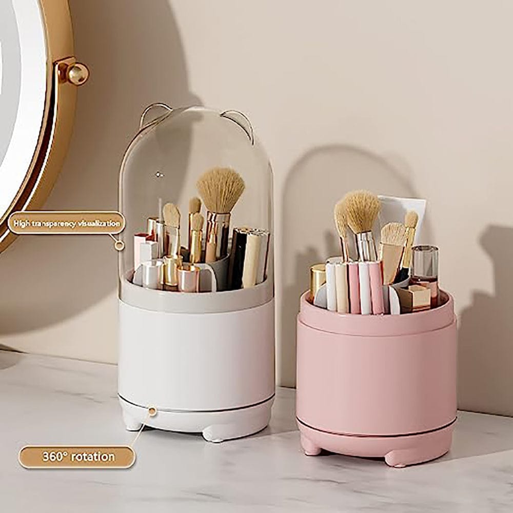 360° Rotating Transparent Makeup Brush Organizer - Dustproof Cosmetic Storage Box with Lid (Pink) | Perfect for Vanity, Bathroom & Travel Organization