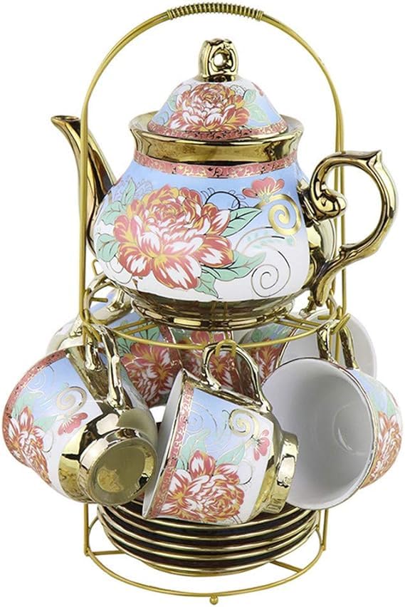 Premium 13-Piece Ceramic Tea Set with 800ML Teapot, 6 Cups (180ML Each), Saucers & Stand - Elegant Random Patterns - Perfect for Afternoon Tea, Gifts & Home Decor