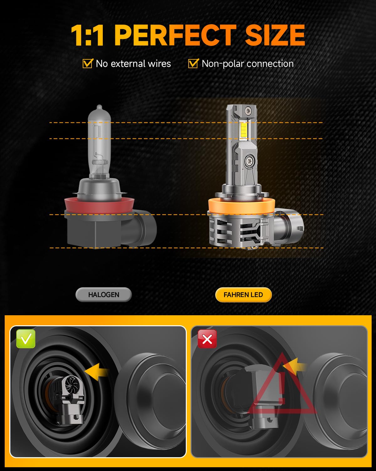 FAHREN H11/H9/H8 LED Bulbs - 36000LM Super Bright 6500K White Light, 1:1 Mini Size No Adapter Needed, Pack of 2 - Perfect for Fog Lights, Headlights & Off-Road Driving