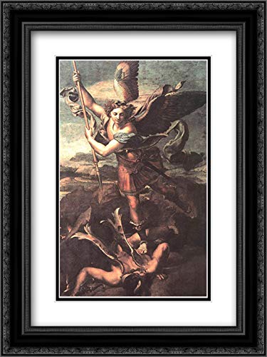 St. Michael Overwhelming The Demon - 18x24 Inch Framed Art Print by Raphael | Black Ornate Frame with Double Matting | Religious Home Decor, Catholic Gift, Church Wall Art