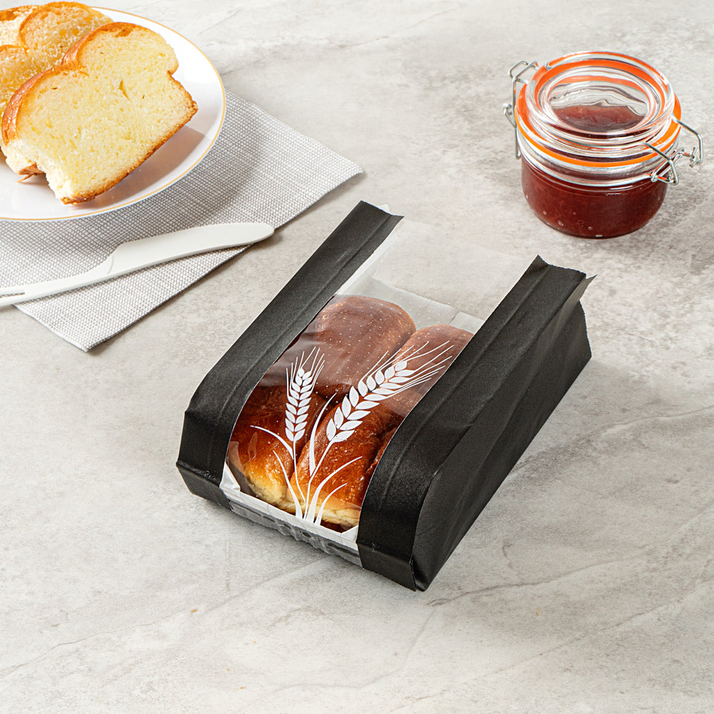 Eco-Friendly Black Paper Bread Bags - Micro Perforated, Greaseproof, Wheat Pattern (4.75