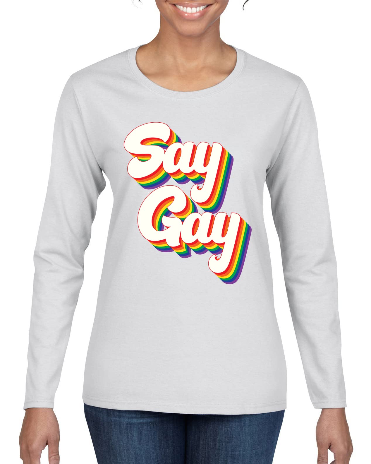 Retro Vintage Rainbow LGBT Pride Graphic Long Sleeve T-Shirt for Women - Say Gay LGBTQ+ Ally Apparel for Pride Month, Parades & Everyday Wear