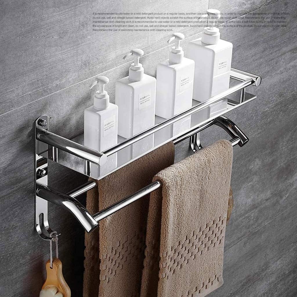 Stainless Steel Bathroom Shelf with Towel Bar & Hooks - Wall Mount Organizer for Kitchen & Bathroom Storage - Perfect for Towels, Toiletries & Accessories - Silver