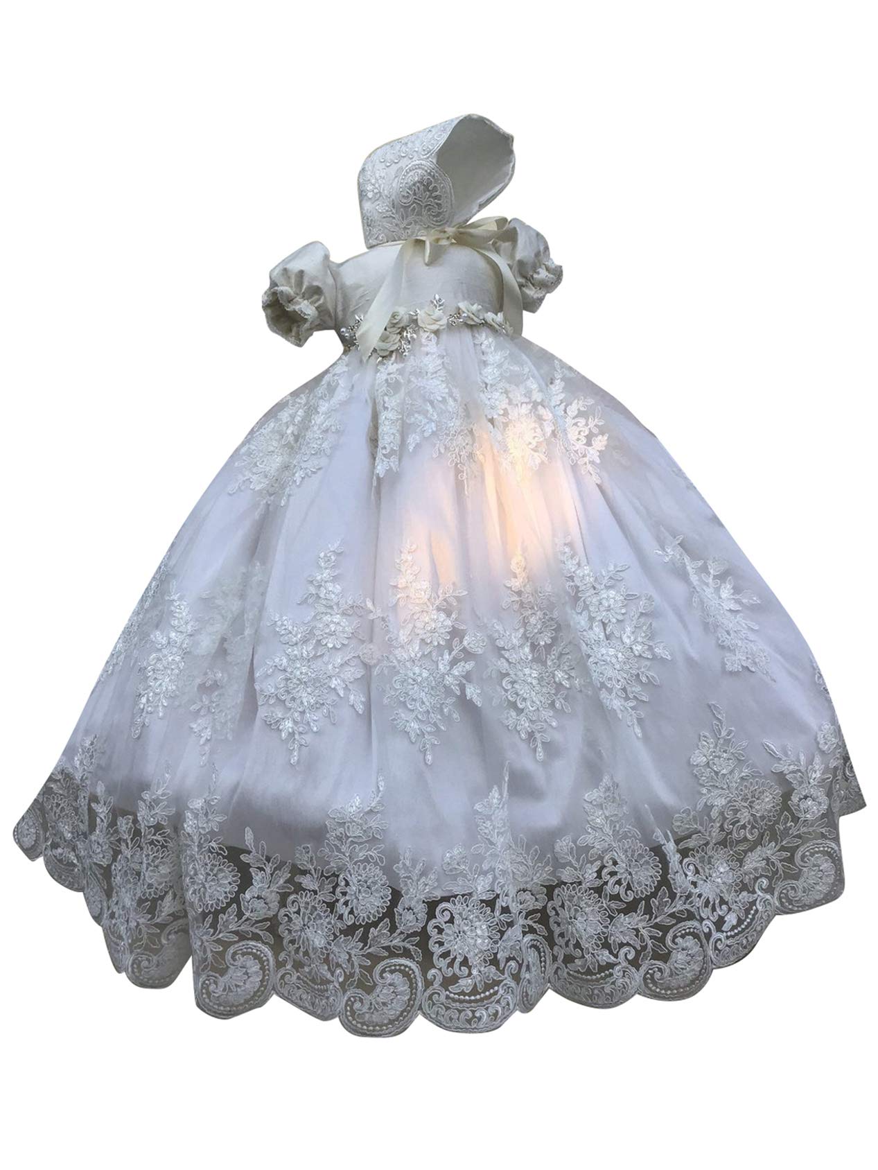Exquisite Long Christening Gowns for Baby Girls - Elegant Lace Formal Baptism Dresses with Matching Bonnet | Perfect for Church Ceremonies, Christenings & Special Occasions