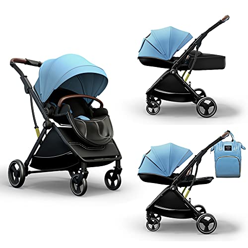 Coballe 2-in-1 Convertible Baby Stroller - Reversible Bassinet Pram for Newborn & Toddler | Foldable Lightweight Aluminum Alloy Pushchair with Adjustable Backrest & 3D Suspension System | Perfect for City Walks, Shopping & Travel (Blue)