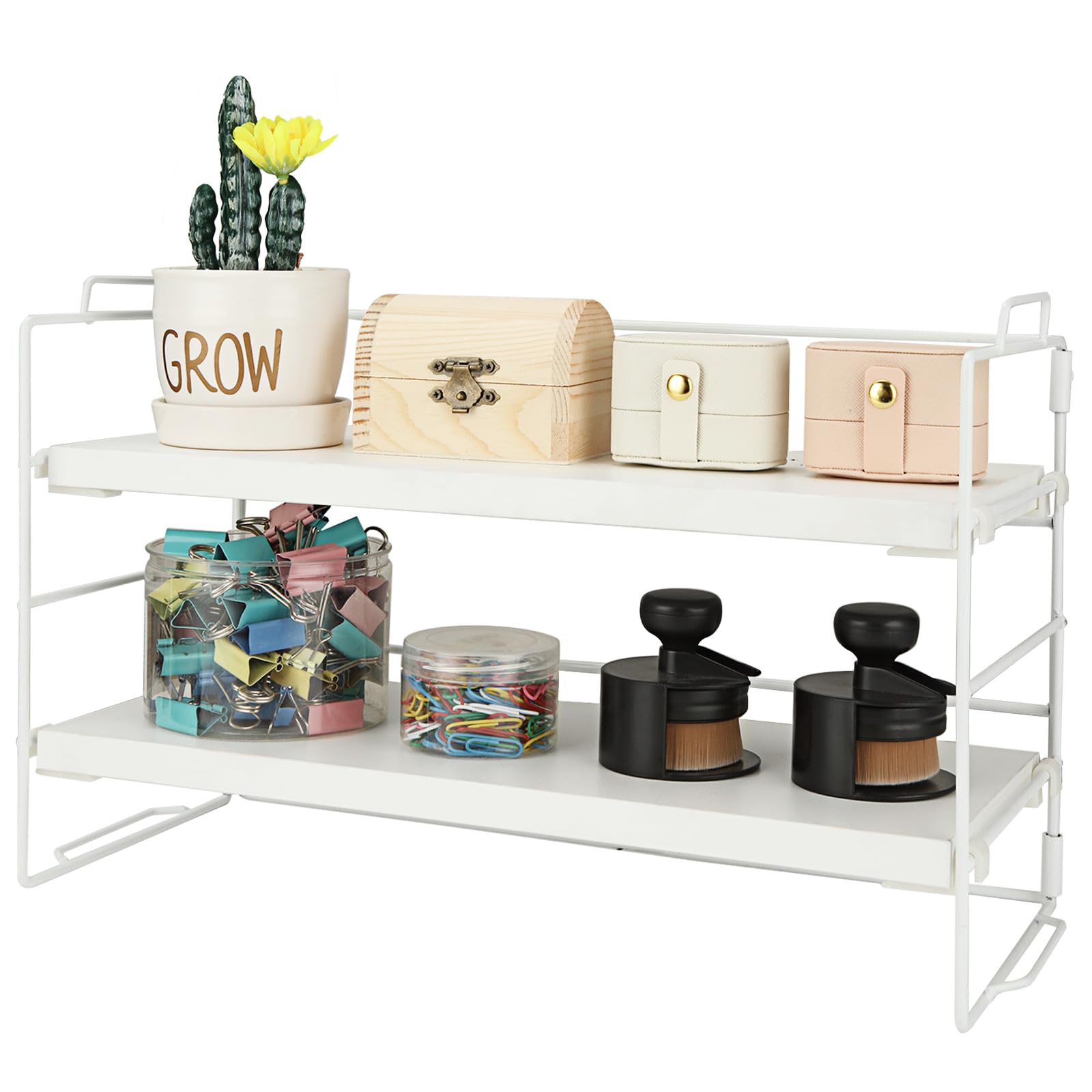 2-Tier White Desktop Organizer Shelf - Adjustable Office Supplies Storage Rack for Desk, School & Kitchen | Perfect for Organizing Pens, Files & Small Items in Workspaces, Dorms & Home Offices