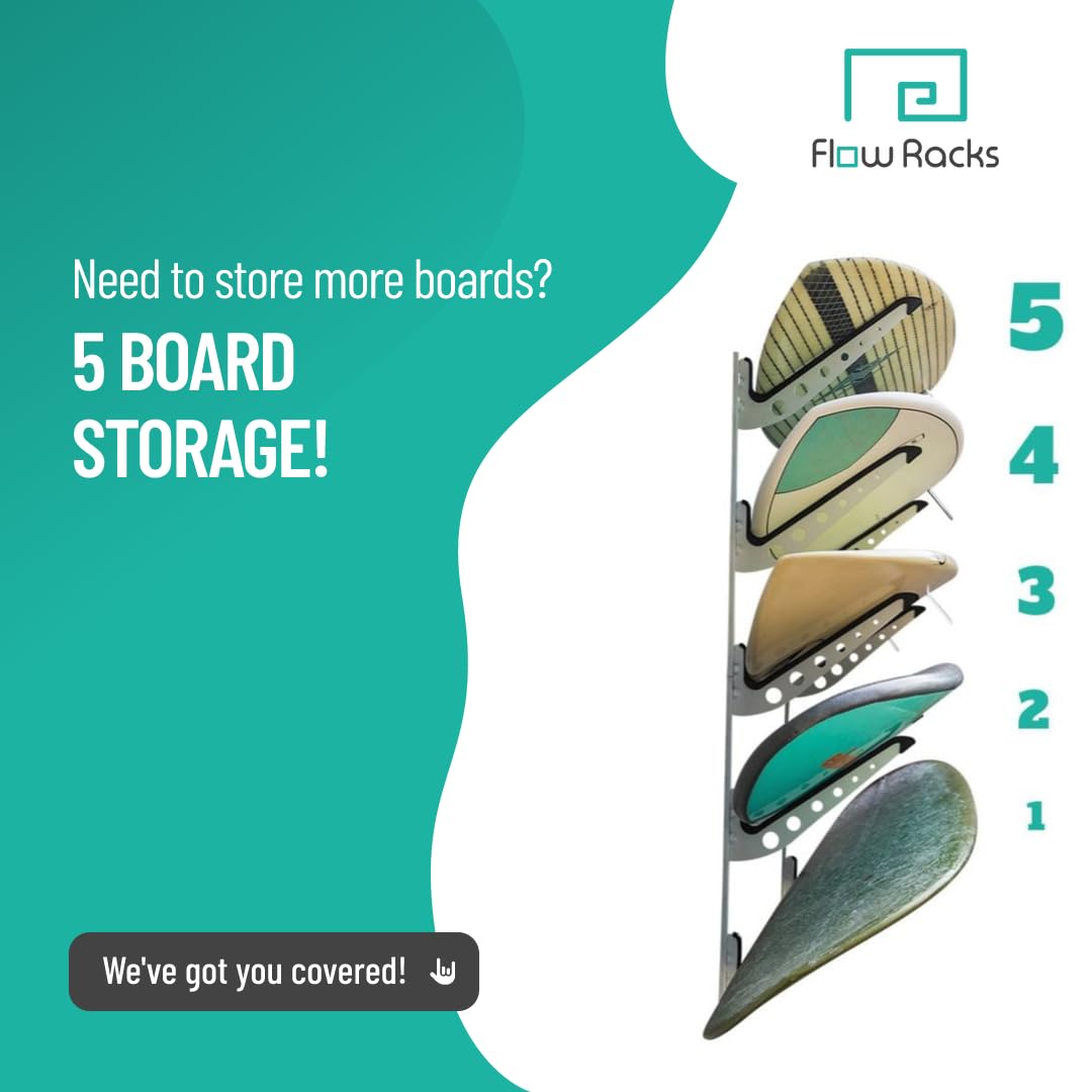 Adjustable Wall Mount Surfboard Rack - 5 Board Storage for Surfboards, Wakeboards, Snowboards - Perfect for Home, Garage, or Beach House Organization