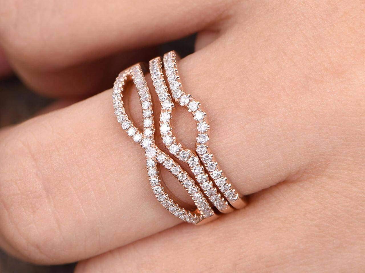 3-Piece Bridal Ring Set - Half Eternity Matching Band, Split Shank & Curved U Diamond Wedding Bands in 18k Gold Plating - Perfect for Engagement, Anniversary & Bridal Jewelry Gifts