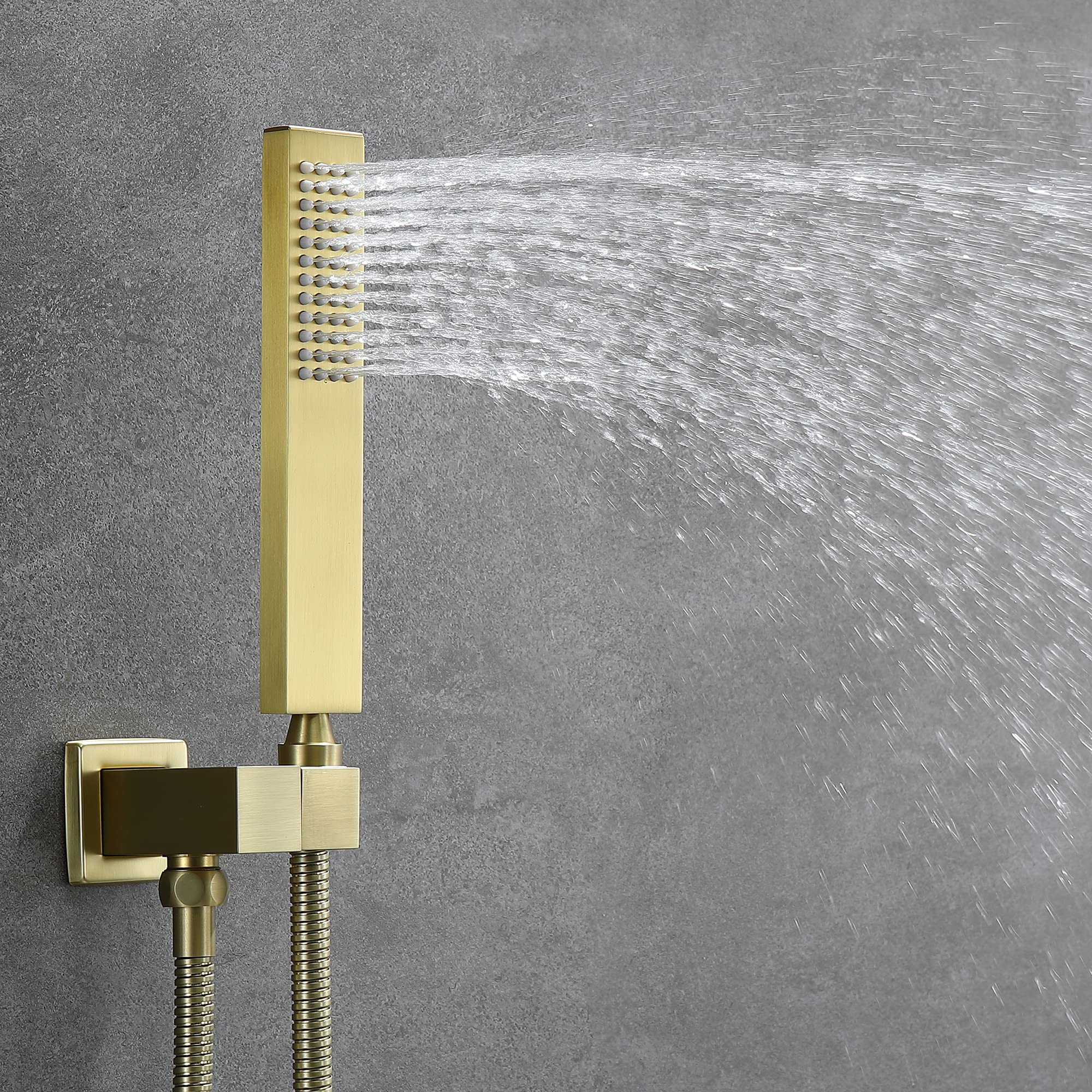 SHAMANDA 10-Inch Rain Shower Head with Handheld Sprayer - Pressure Balancing Shower System Combo Set in Brushed Gold - Wall Mount Bathroom Faucet with Rough-In Valve (Model L701-3) - Perfect for Luxurious Spa-Like Showers and Modern Bathroom Upgrades