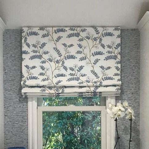 Napa Roman Blinds - Blue Leaves Print on White Fabric | Elegant Window Treatment for Living Room & Bedroom