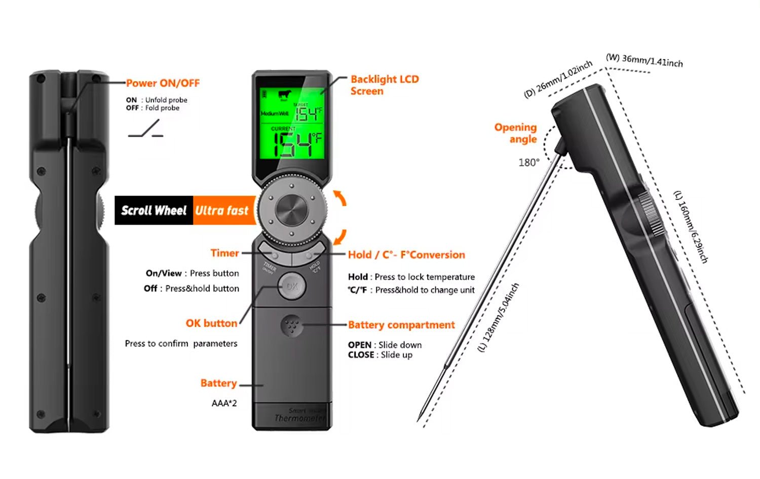 Instant Read Smart Meat Thermometer for Grilling, Smoking, BBQ & Cooking - Digital Food Thermometer with Fast Accurate Temperature Reading for Kitchen, Outdoor & Home Use