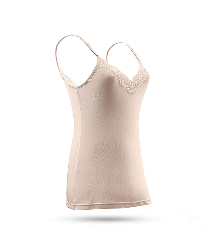 SilRiver Women's Silk Camisole - Deep V-Neck Lace Trim Tank Top - Breathable Undershirt for Layering, Sleepwear & Summer Outfits